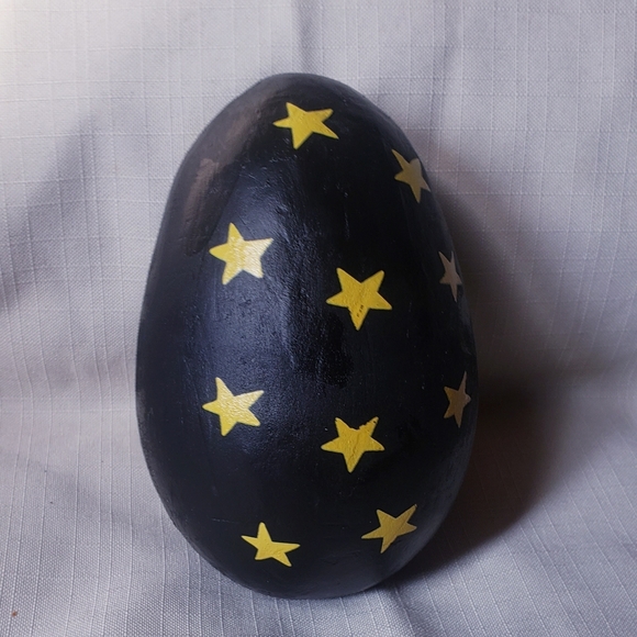 Black wooden oval egg painted with moon and stars - Picture 2 of 5